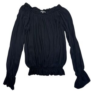 Emerson Thorpe Black Silk Off Shoulder Ruffle Smocked Long Sleeve Top Size S